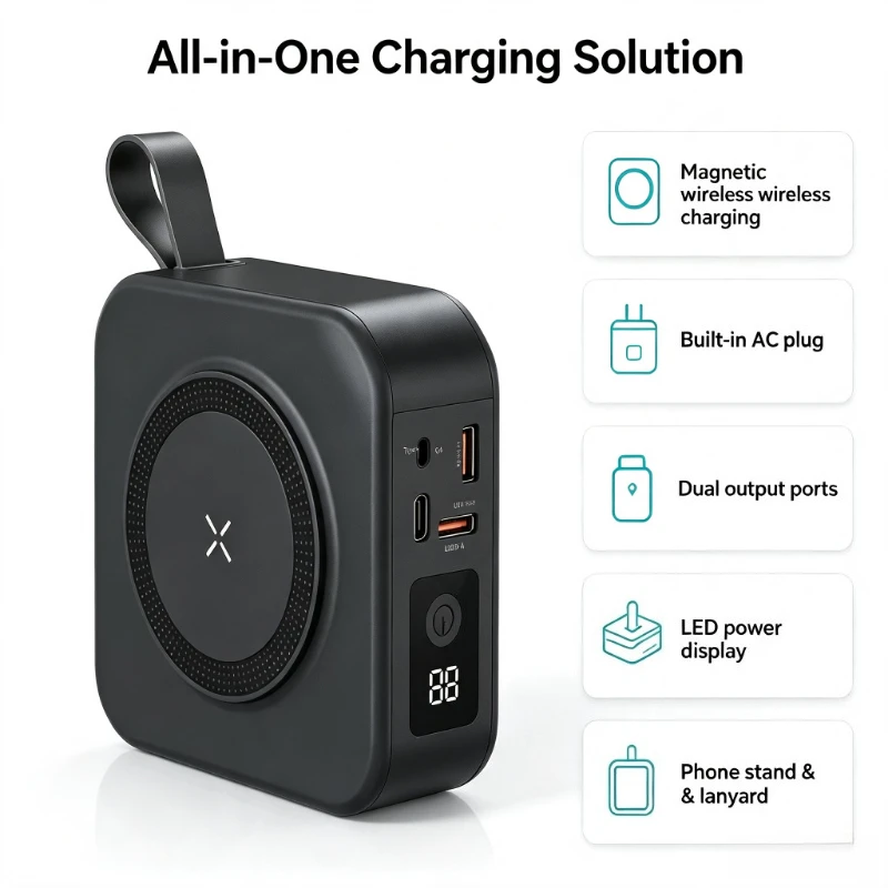 5‑in‑1 Magnetic Wireless Power Bank 10000mAh 22.5W Fast Charger Built‑in Cable Foldable AC Plug Portable Travel Power Bank