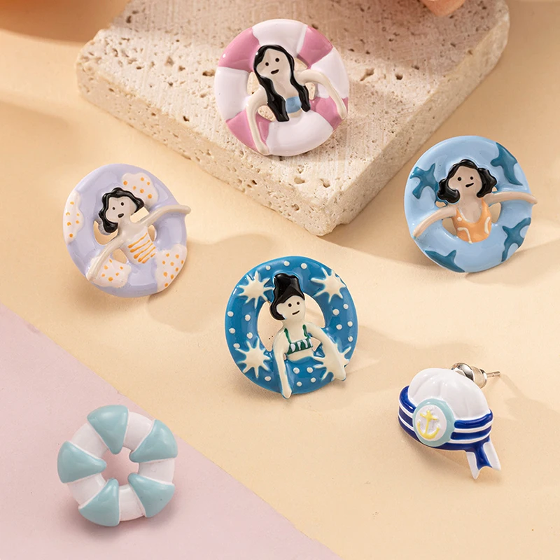 

Cartoon Style Cute Single Earring Unique Swimsuits Girls Character Design Single Earring For Freely Matched Enamel Stud Earring