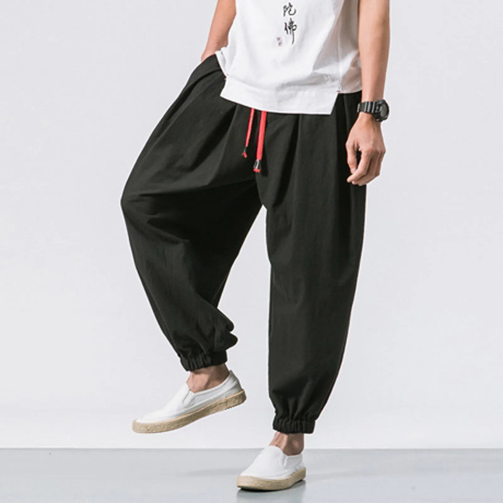 Men'S Bloomers Pants Classic Simple Solid Casual Cropped Pants Drawstring Elastic Waist Loose Wide Legs Bloomers With Pockets