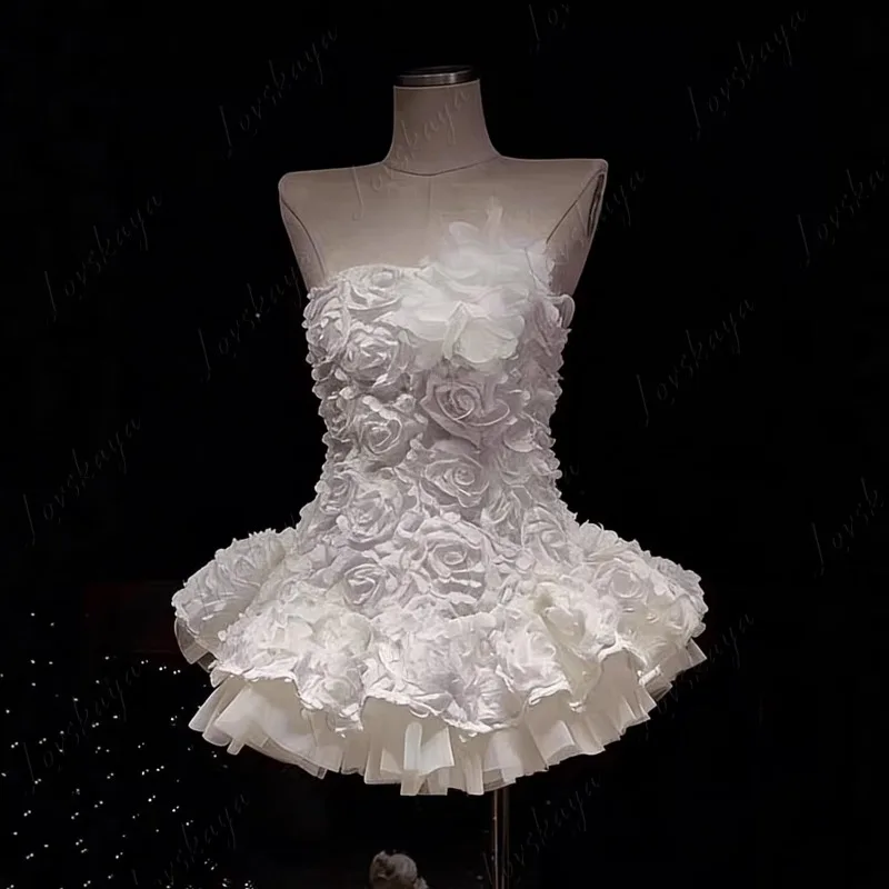 Women Summer French Strapless Ballgown Built-in Fishbone 3D Floral Noble Lady Birthday Party Dress