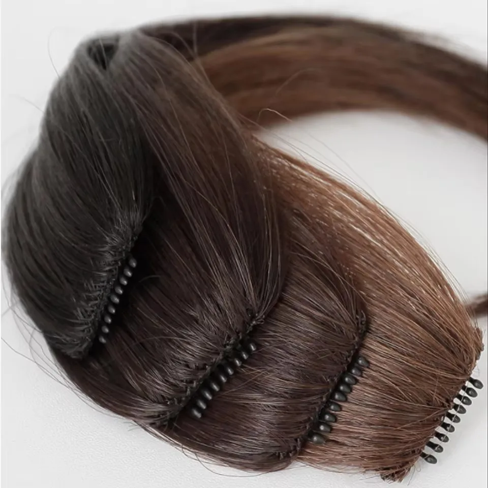 Synthesis Wig Middle-Part Bangs Hair Extensions Clip In Forehead Natural Seamless French Oblique Bangs Black & Brown for Women