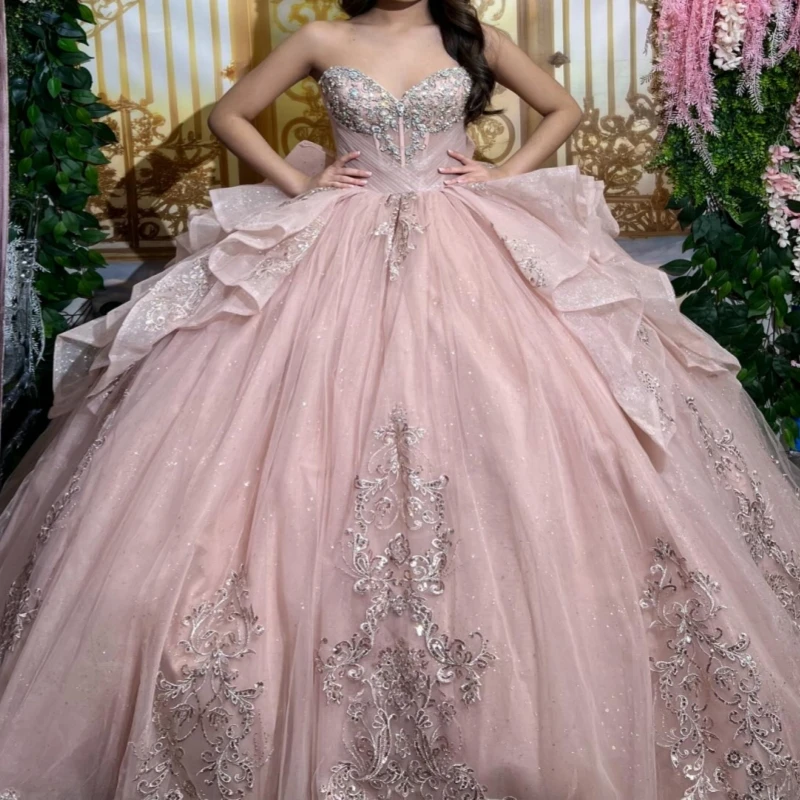 

Pink Shiny Ball Gown Quinceanera Dresses 2026 Sequin Applique Beading Crystal Bow Tull Off Shoulder Sweet 16 Dress Years Vestido