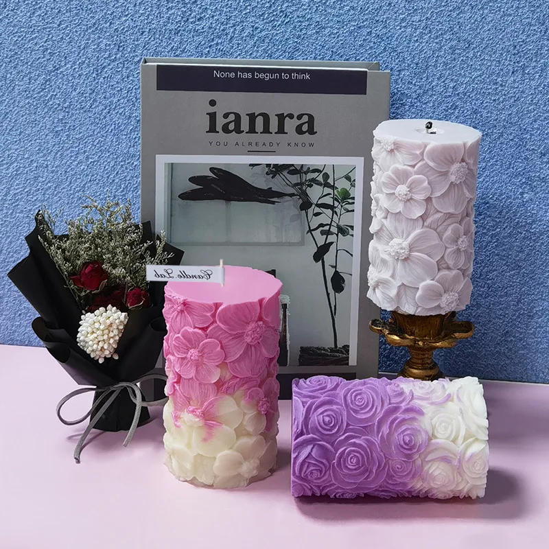 Ocean Waves Cylinder Aroma Candle Silicone Mold DIY Rose Relief Cylindrical Plaster Diffuser Stone Soap Resin Moulds Home decor