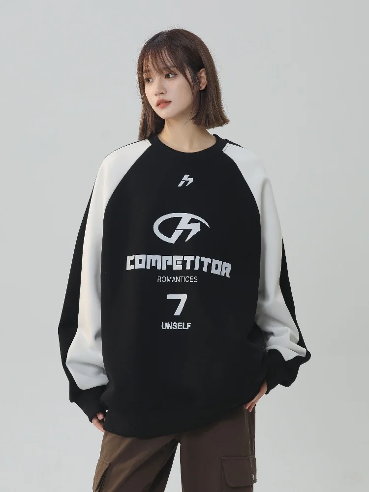 

Мужская толстовка оверсайз из плотного материала с круглым вырезом, весенне-осенняя, в американском ретро-стиле, с пэчворком, повседневная, спортивная, для пар