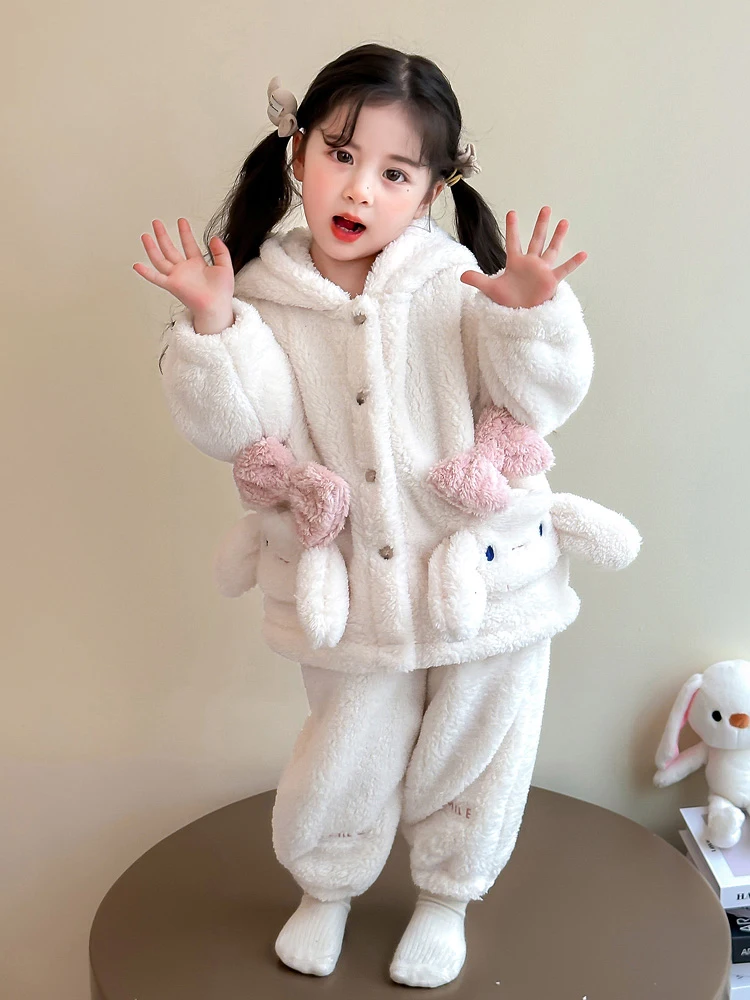 

Girls Winter Fce Lined Cartoon Pajama Set Thi Warm Home Clothes Long Sve Long Pants Hooded Two Piece Set Children's F...