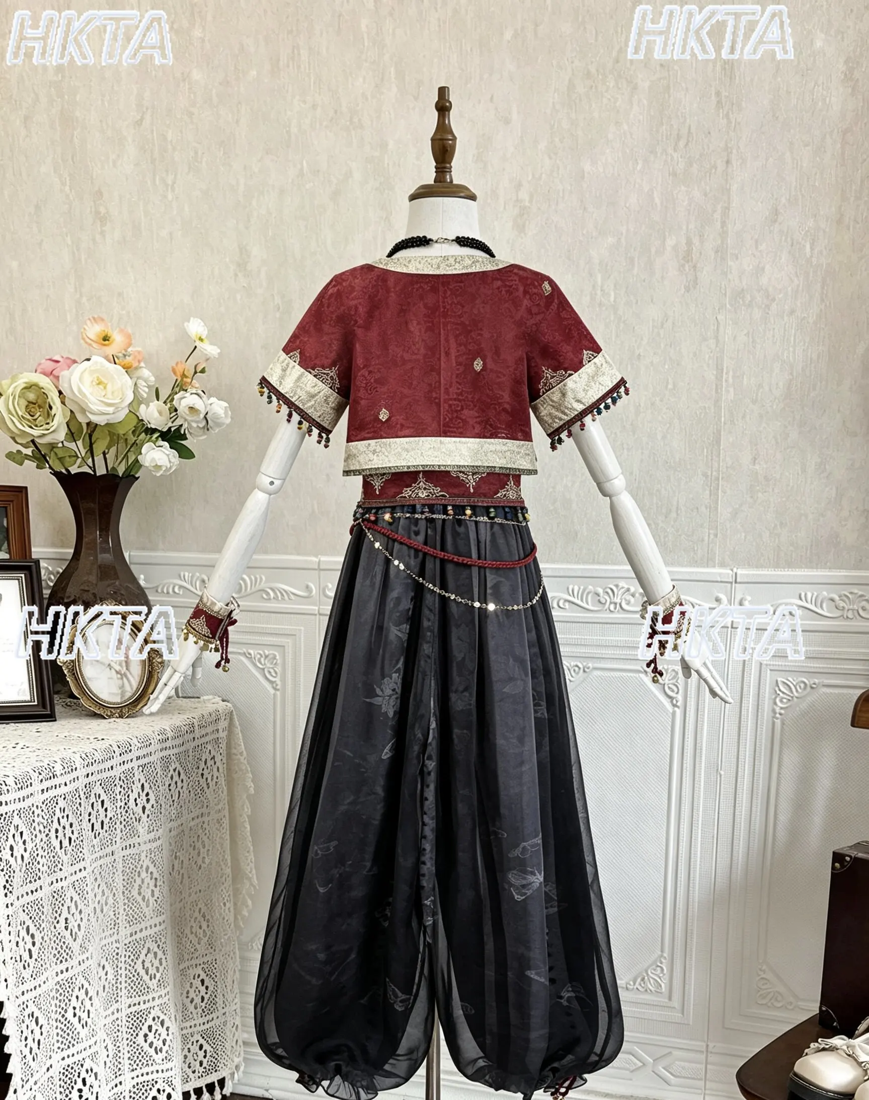 Chinese Hanfu Lolita Suits Autumn Lanterns Wide Leg Pants Retro Sweet Embroidery Contrasting Color Short Sleeves Top Pants Women