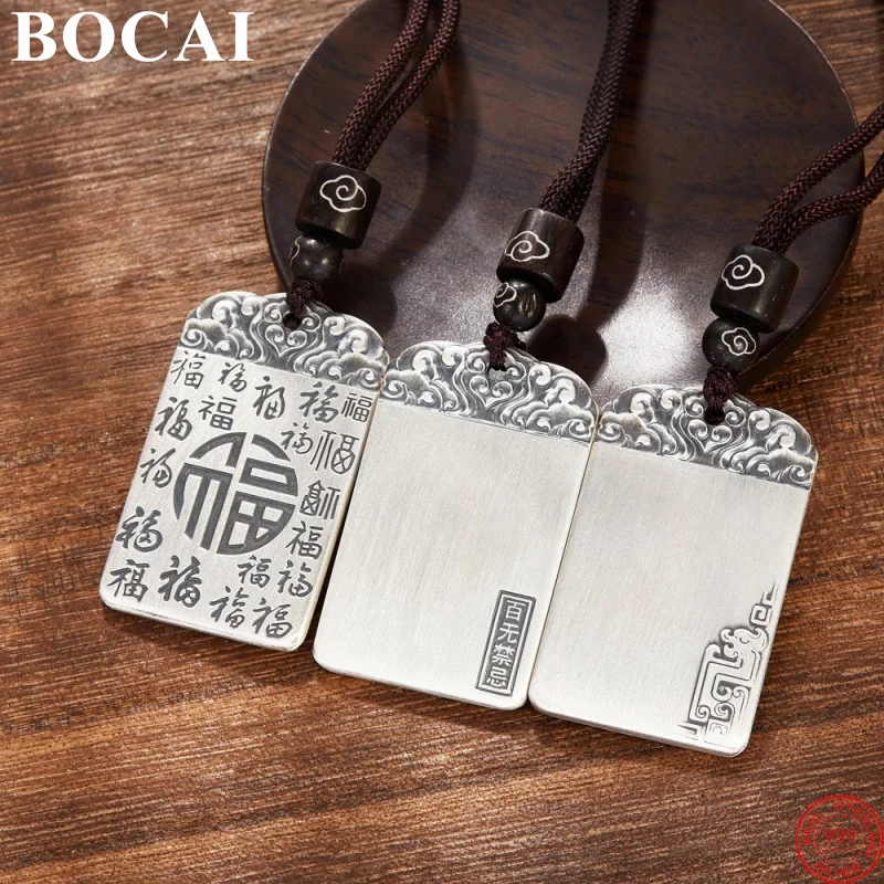 BOCAI S999 Sterling Silver Pendants for Women Men New Fashion Relief Auspicious Clouds Fu Letter Amulet Jewelry Wholesale