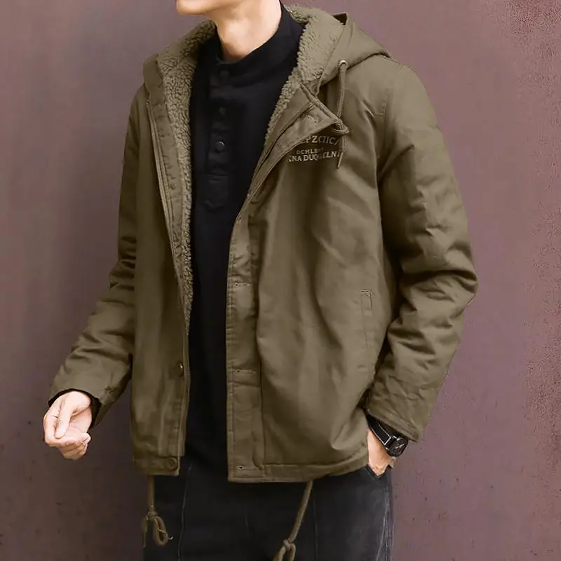 Lamb Wool Jacket Men Clothing Winter Fleece Cotton Coat Warm Thick Parkas Windbreaker Casual Hooded Outerwear Loose New