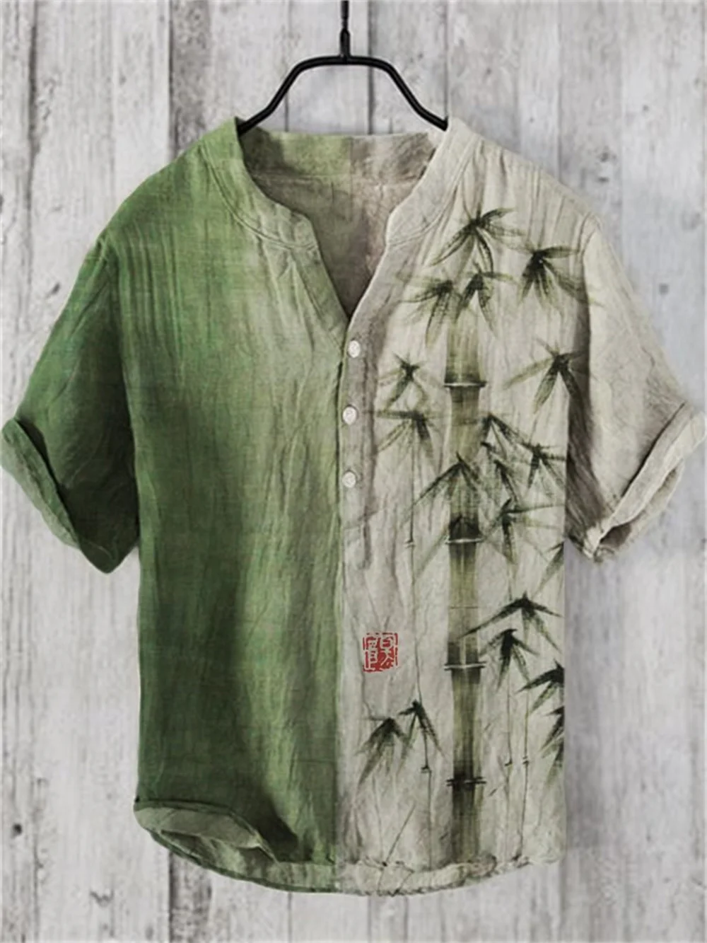 2024 New Men\'s Shirt Japanese Vintage Art Print Linen Short sleeved Shirt Hawaiian Style Button Henry Neck Shirt