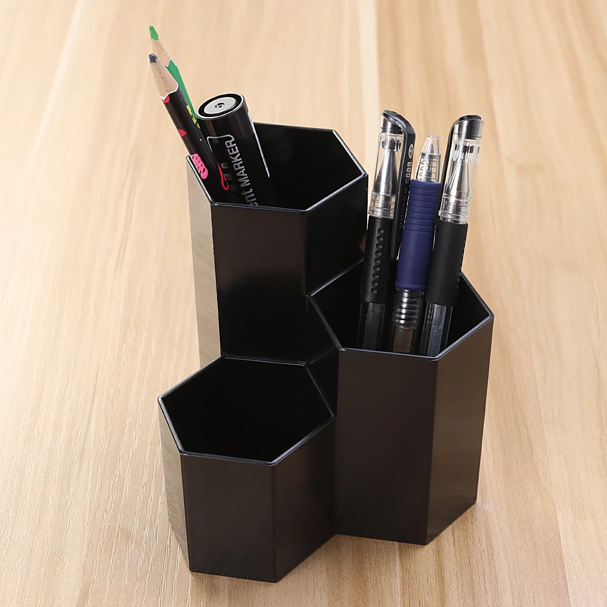 Imagem -03 - Hexagon Pen Holder com Slot Suporte de Mesa Pen Cup Maquiagem Pot Box Papelaria Organizador para Home Office e Escola Preto