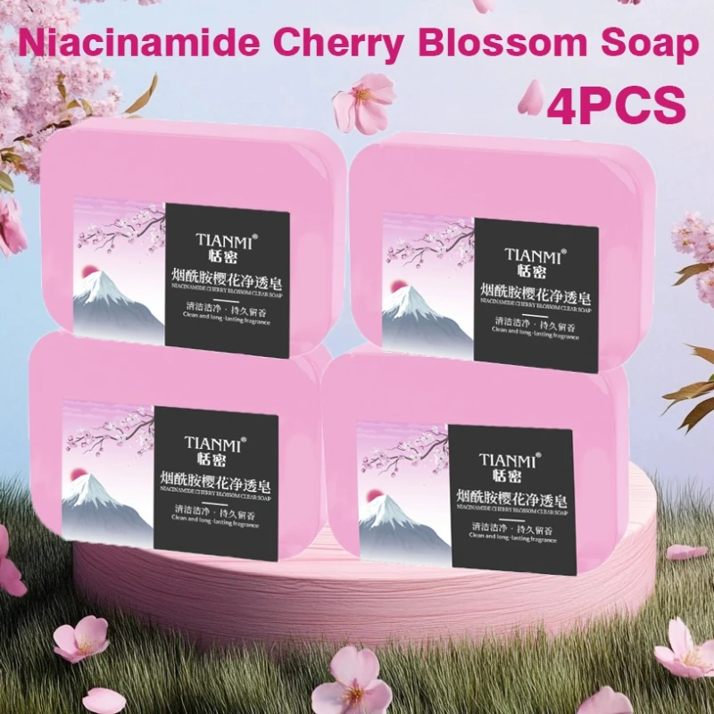 4PCS Niacinamide Cherry Blossom Handmade Soap, Rich in Niacinamide and Cherry Blossom Extract, Gently Cleanses and Moisturizes