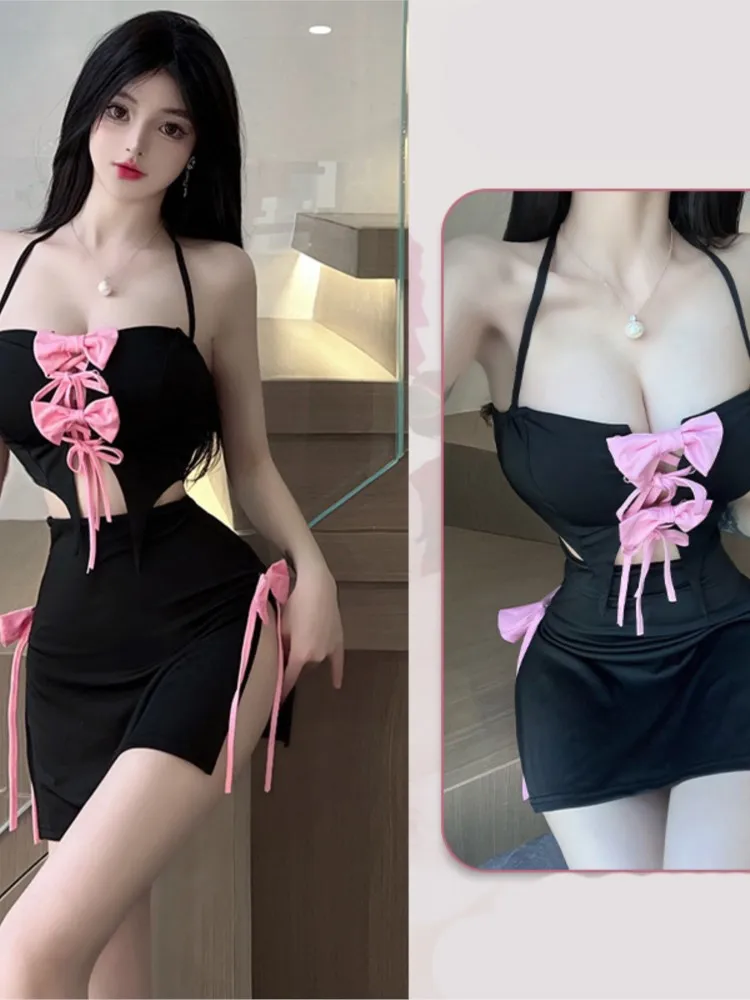 ドレスボウストラップタイトフィットキュートでセクシーなヒップハグスカートグリーンのドレスパーティードレスドレス女性ランジェリーセットフェチセックスショップ