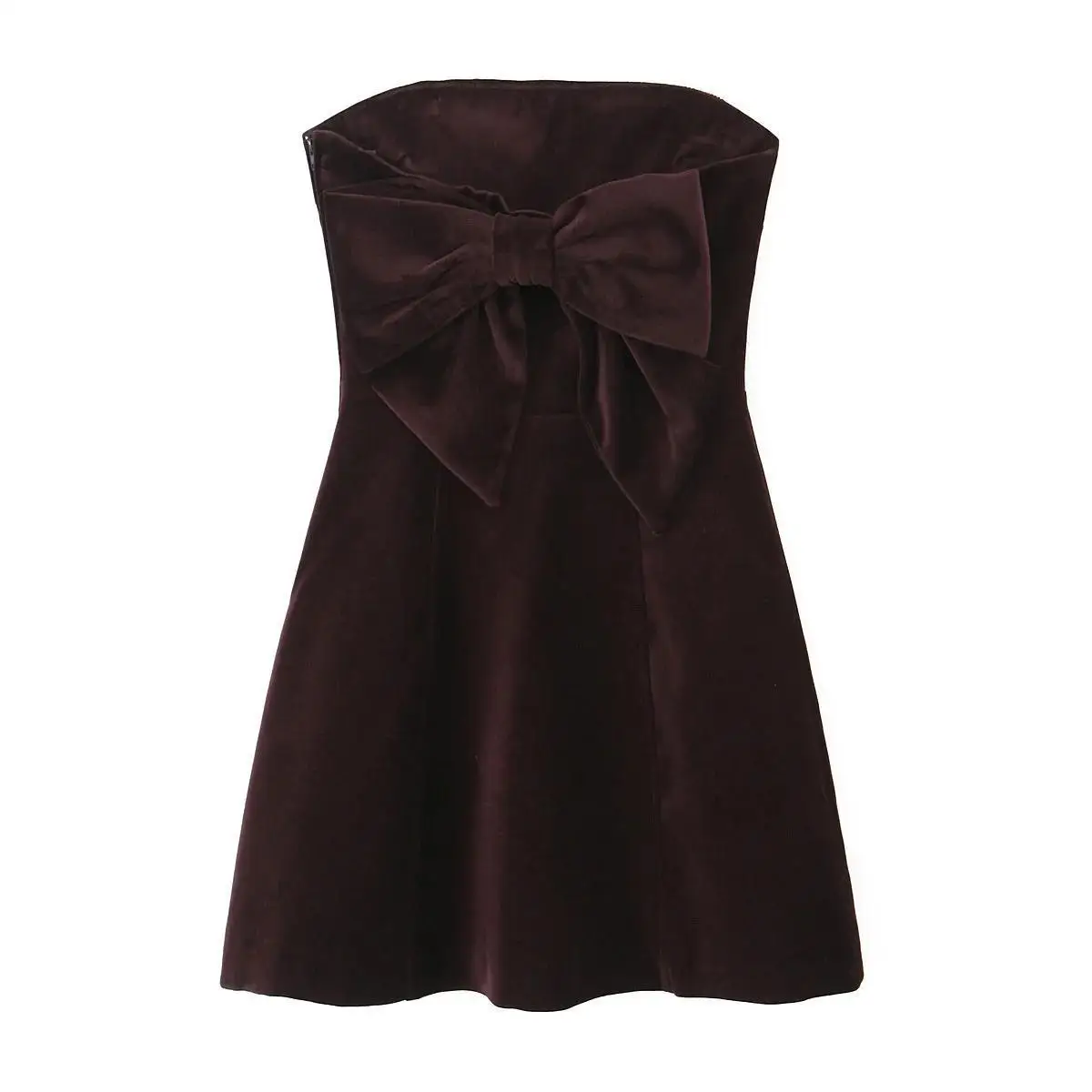 Stunning Claret Velvet Backless Bow Off Shoulder A-Line Dress for Women