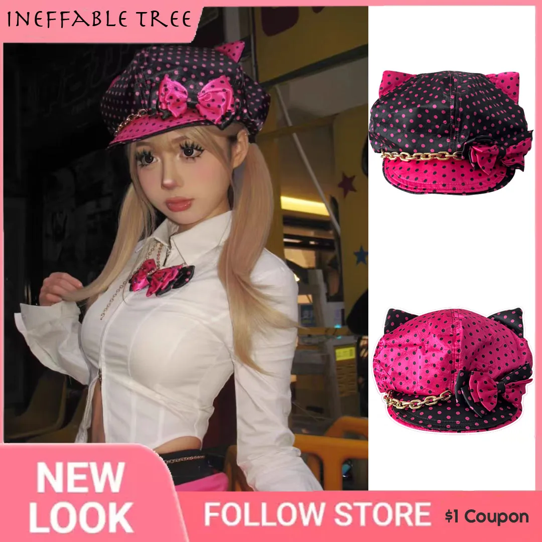 

Y2K Sweet Cool Spice Girl Style Concave Modelling Polka Dot Bow Octagonal Hat Gold Chain Double Brim Beret Painter Caps Boinas