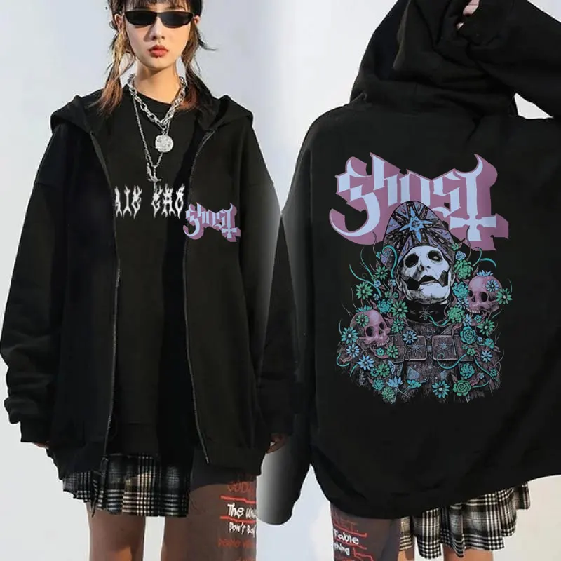 Vintage Ghost Band Skeleton Printed hoodie men fashion Winter fleece Hooded zip-up Hip Hop Gothic Punk Metal Sweatshirt jacket