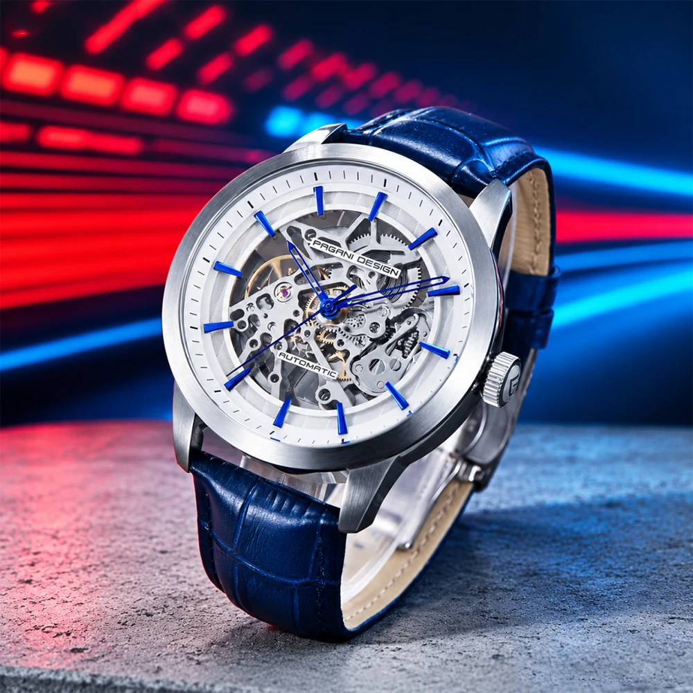 PAGANI DESIGN Hot Sale Mens Mechanical Watch Genuine Leather Strap Skeleton Design Fashion Casual Business High Hardness Glass