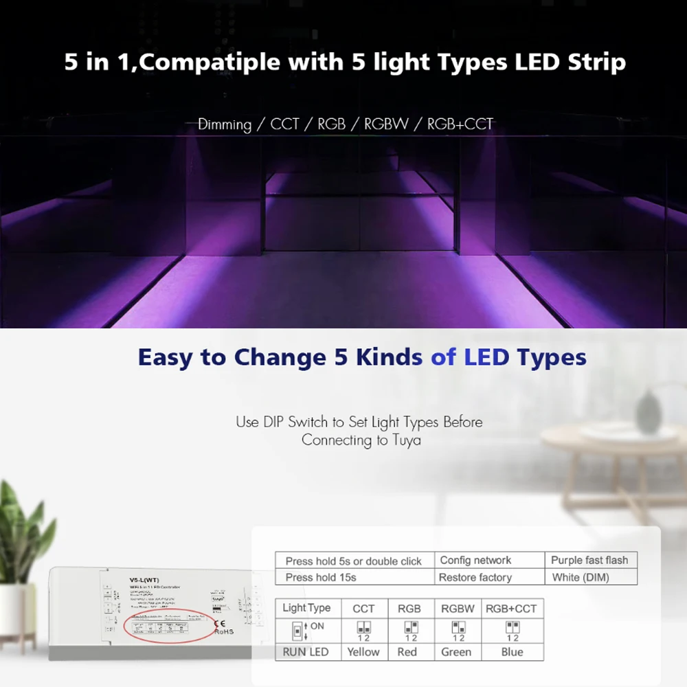 CENFAYA WiFi 5 in1 LED Controller DC 12V 24V 36V 48V 30A Dimmer With AC Push Switch Dimming TUYA APP Voice Control Music Model