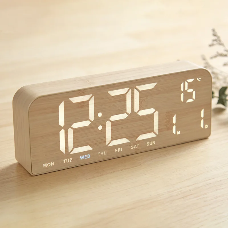 Digital Wooden Alarm Clock with Countdown Hanging Standing Temperature Date Week Dual Alarm Memory Function