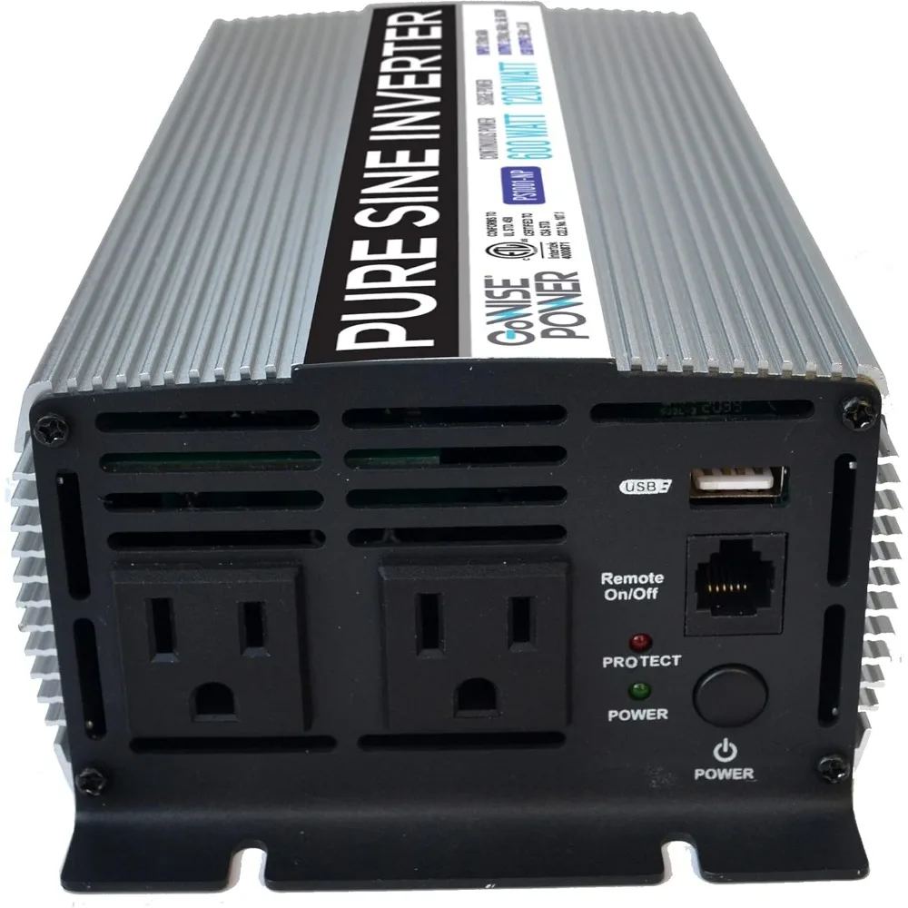 محول موجة جيبية نقية 600 وات يحول 12 فولت تيار مستمر إلى 115 فولت تيار متردد، يتميز بمنافذ تيار متردد، ومنفذ USB واحد، وكابلين مشبكين لـ Peak Po بقدرة 1200 وات