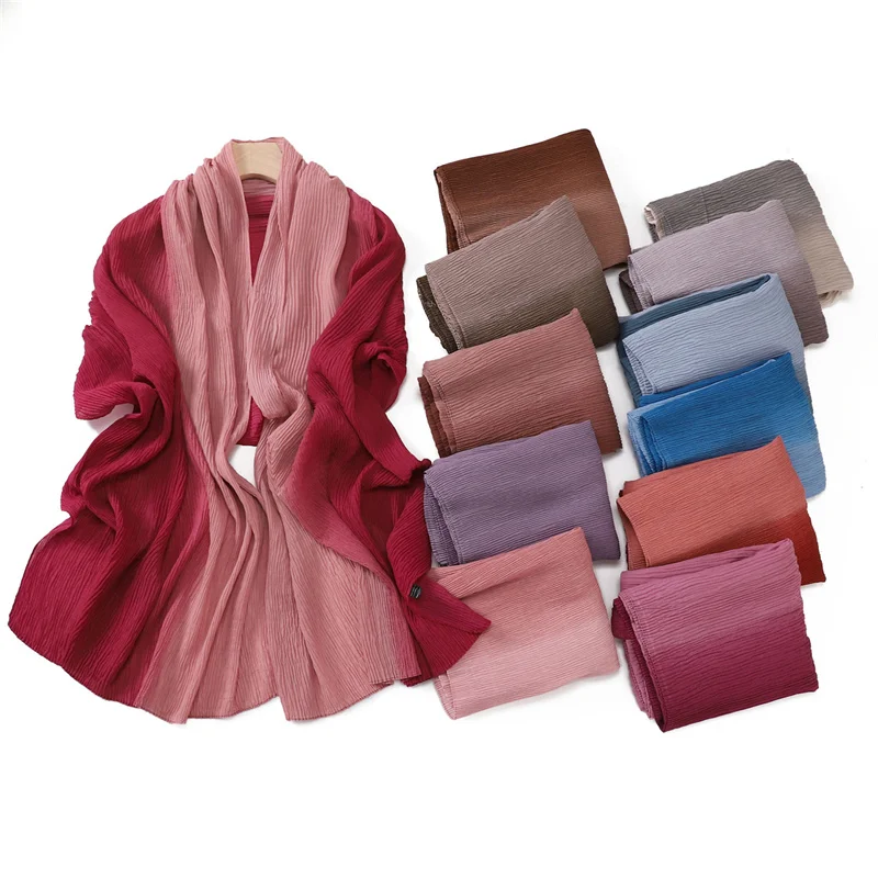 Women Plain Ombre Wrinkle Polyester Shawls Scarf Lady Shimmer Pleated Headband Wrap Solid Crinkle  Scarves Muslim Hijab 180*70Cm