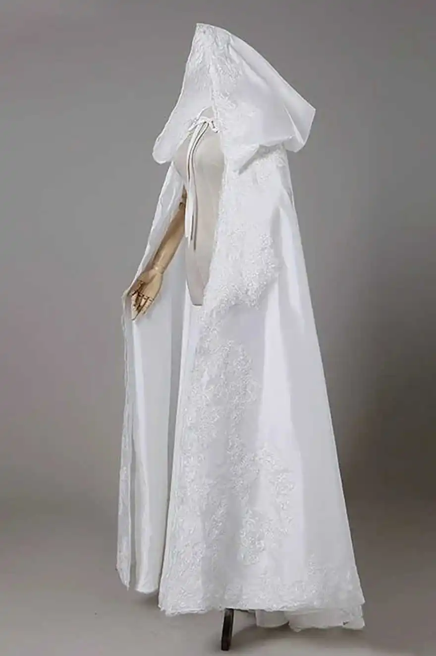 Romantic Lace Trim Chiffon Bridal Cape Hooded Floor Length Tie Closure Wedding Cloak For Bridal Ceremony Photoshoot Customized