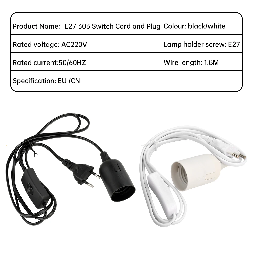 220V Lamp Base Holder Power Cord Cable 1.8m E27 EU Hanging Pendant LED Light Fixture Lamp Bulbs Socket Cord Adapters With Switch