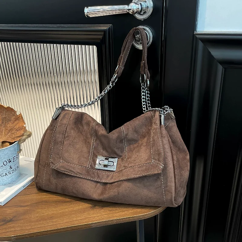 

Simple Tote Bag Fashion Lock Flap Handbag Frosted Large Capacity Crossbody Bag Retro Chain Shoulder Bag New Casual Commuter Bag