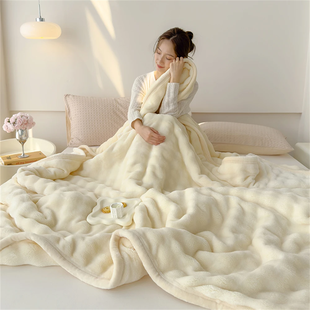 Light Luxury Double-Sided Flannel Blanket Thicken Soft Air Conditioning Blanket Rabbit Fleece Quilt Winter Office Nap Cover Gift