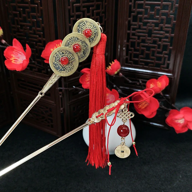 

Заколка для волос с кисточкой из медной монеты, праздничная красная заколка в древнем стиле в годом дракона и аксессуар для волос