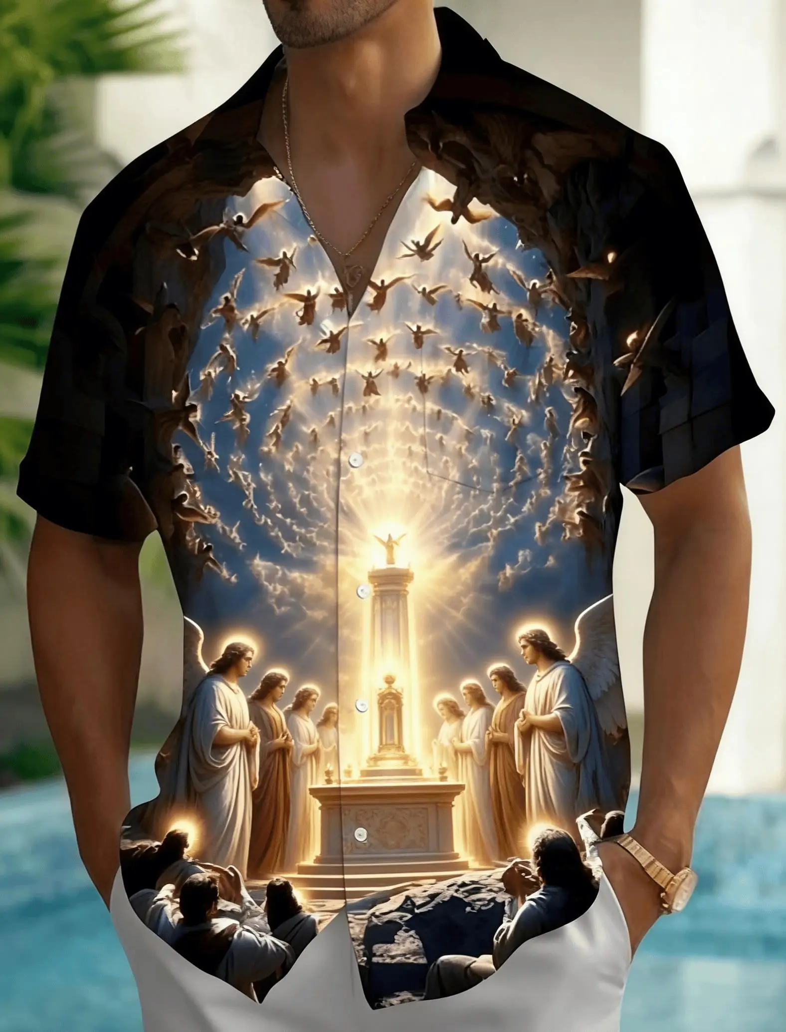 

Men's Heaven Angel Print Short Sleeve Shirt, Spring Summer Religious Themed Casual Vacation Blouse, Loose Casual Top