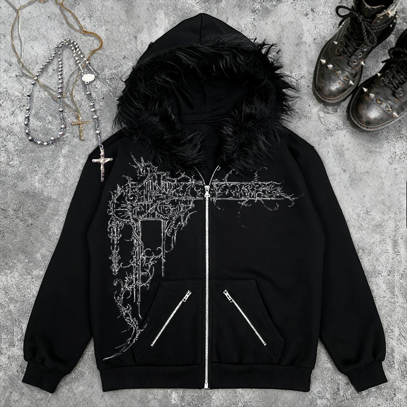 تيك توك الساخن الأمريكية عيد الفصح نمط الرجال شتاء جديد هوديي مطبوعة الفراء الرقبة الديكور الشرير القوطية شارع العليا Y2K الظلام Harajuku #1