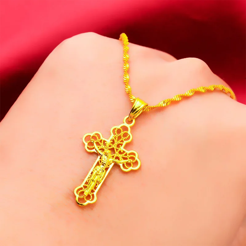 Ins Vintage Gold Cross Necklace! 24K Gold AU999 Women's, Hollow Cross Carving + Matte Antique, Stacking Religious Eye-Catching
