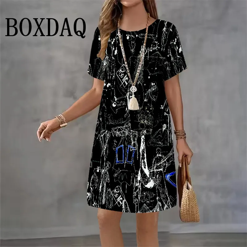 أزياء الصيف فساتين نسائية عادية مجردة الشارع اللوحة الوجه المطبوعة فستان قصير الأكمام عادية س الرقبة تي شيرت فستان فضفاض
