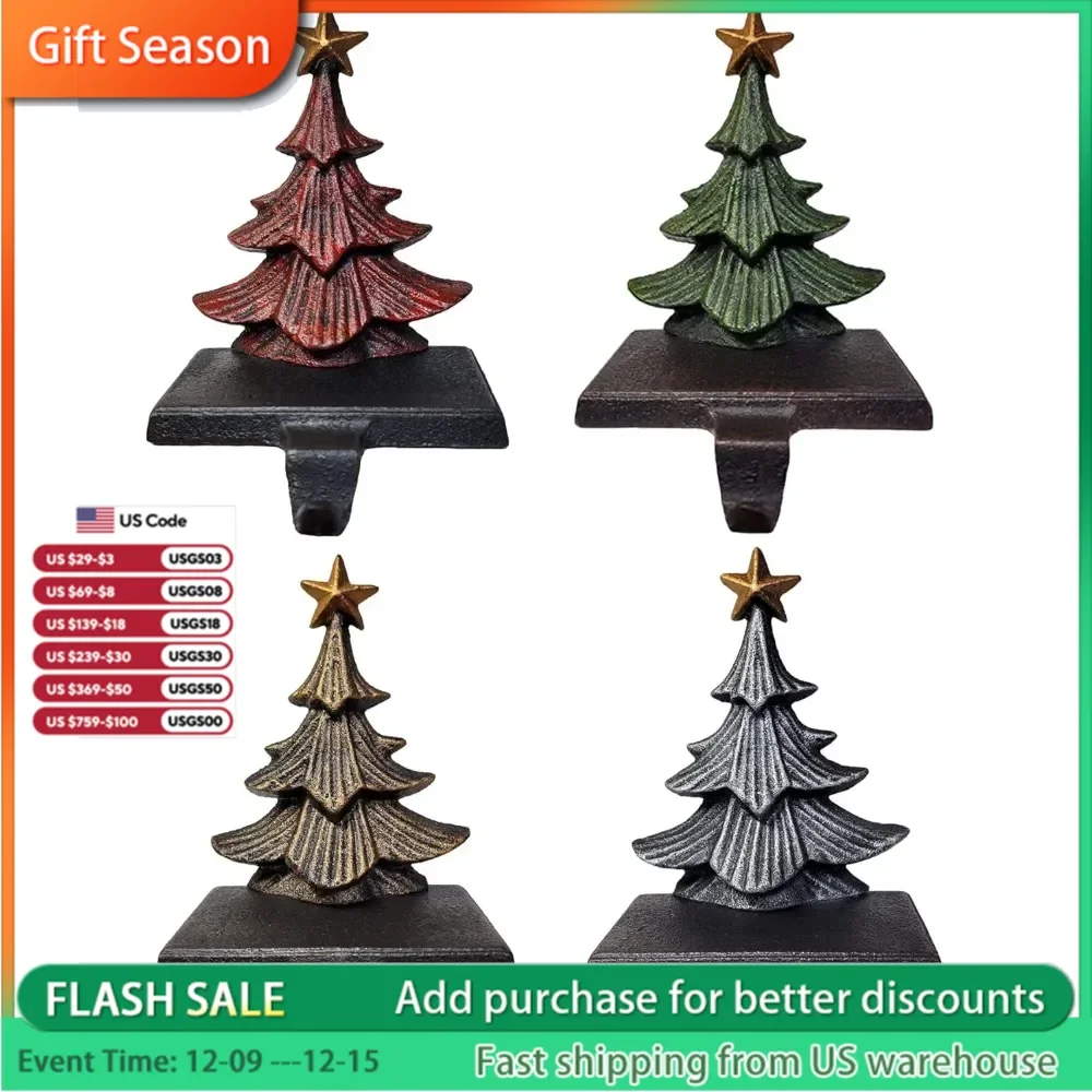 Cast Iron Christmas Tree Stocking Holders, Sold in Set of 4 Trees in Metallic Finish, Beautiful, Heavy, Sturdy Stocking Hooks.