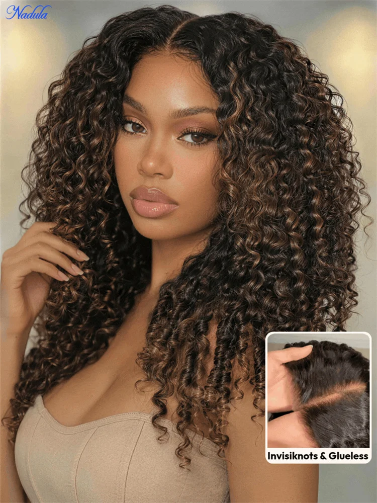

Nadula 7x5 Bye Bye Slip™ Glueless Wig Chestnut Brown Ombre Burmese Curly Human Hair Wig with Finger Coil Ends Pre Cut HD Lace Pre Bleached Tiny Knots Pre Plucked Drawstring Glueless Wig Ready to Wear Suitable for All Heads Sizes
