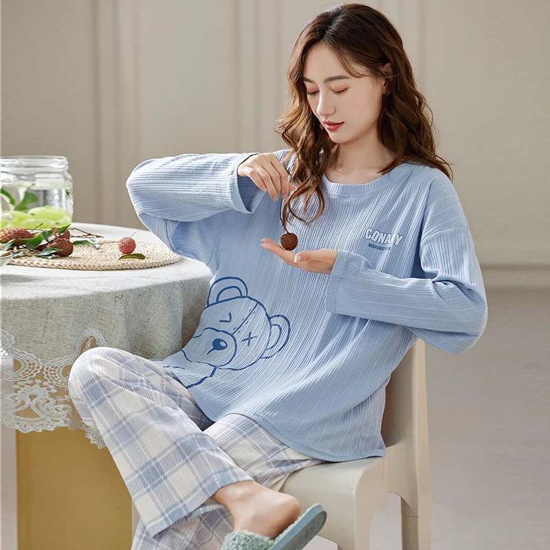 Ensemble de pyjama en coton à manches longues pour femmes, vêtements de nuit, vêtements de détente, pantalon imprimé, mode coréenne, vêtements de nuit kawaii