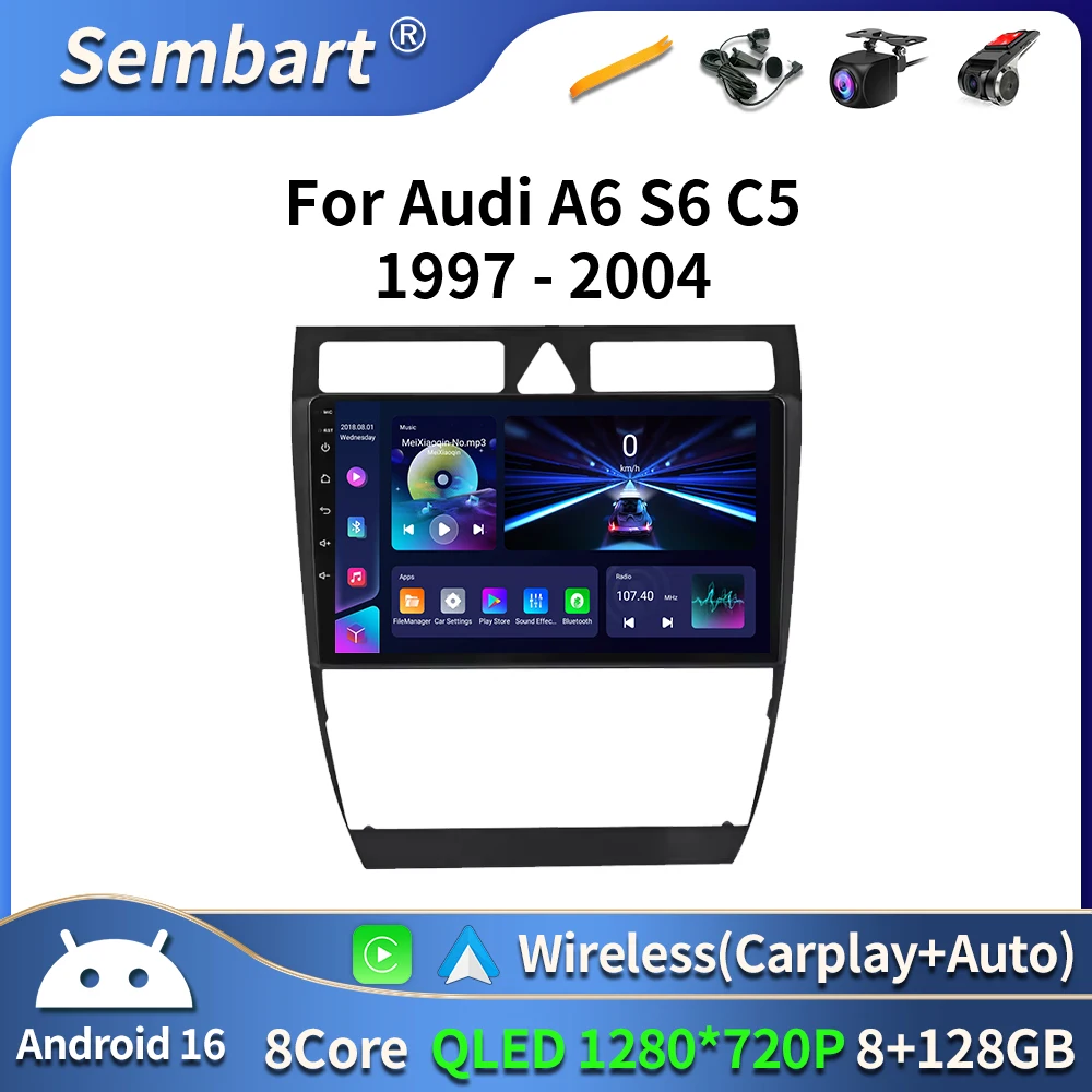 Android 16 For Audi A6 C5 S6 RS6 1997-2004  Car Radio 2 Din Multimedia WIFI Carplay QLED Headunit Audio Stereo Auto DVD