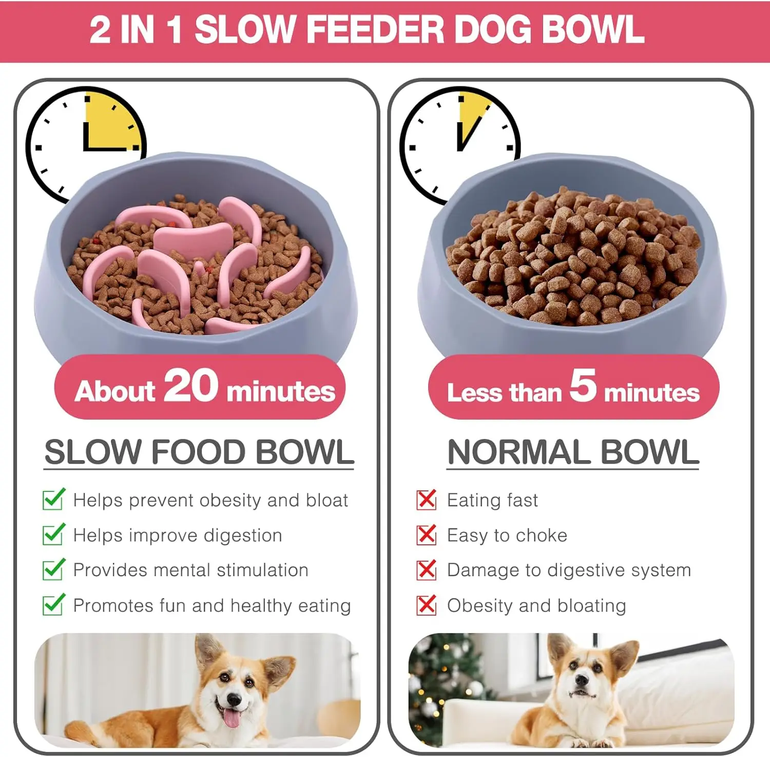 Slow Feeder Dog Bowls Insert, 2-in-1 Slow Feeder Dog Bowls with Silicone Slow Feeder Insert,Anti-Choking Puzzle Food Bowl