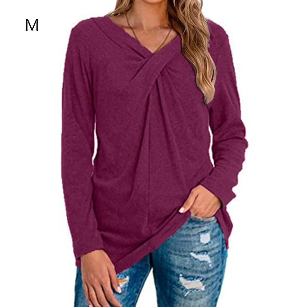 Women T-shirt V Neck Top Long Sleeve Solid Color Blouse T Shirt, Wine Red, S