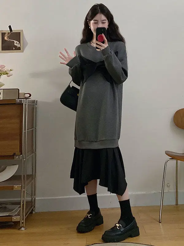 

Женская толстовка больших размеров (300 Pou Fat MM) в корейском стиле, имитация двухслойности, с эффектом высококачественного дизайна, круглый вырез, средней длины