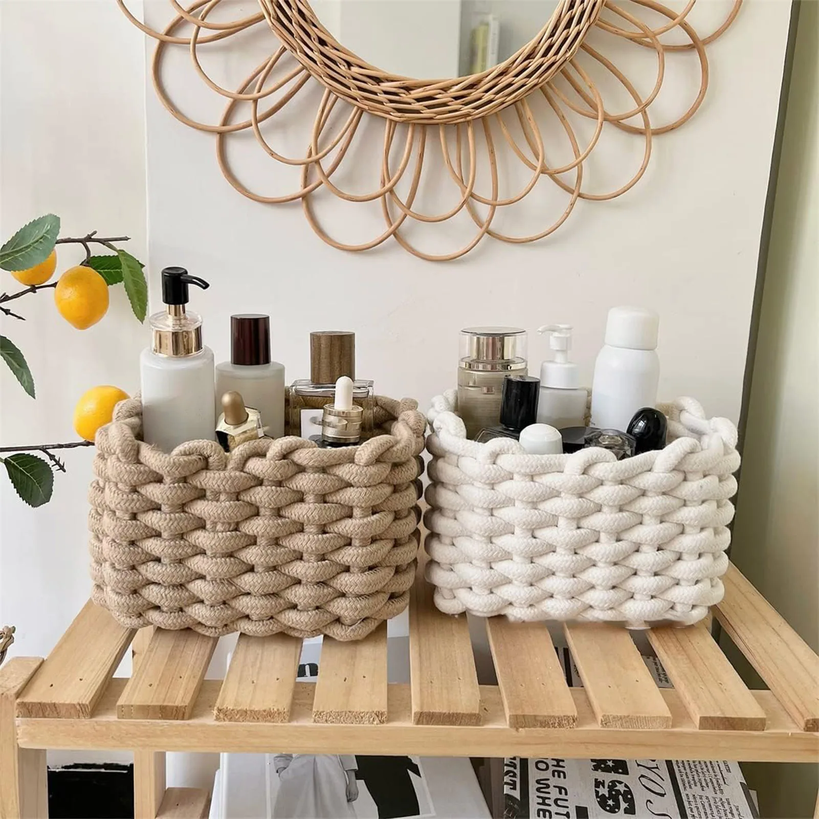 Handmade Cotton Organizer Basket Eco-Friendly Material Closet Rack Baskets for Home Bathroom Accessories