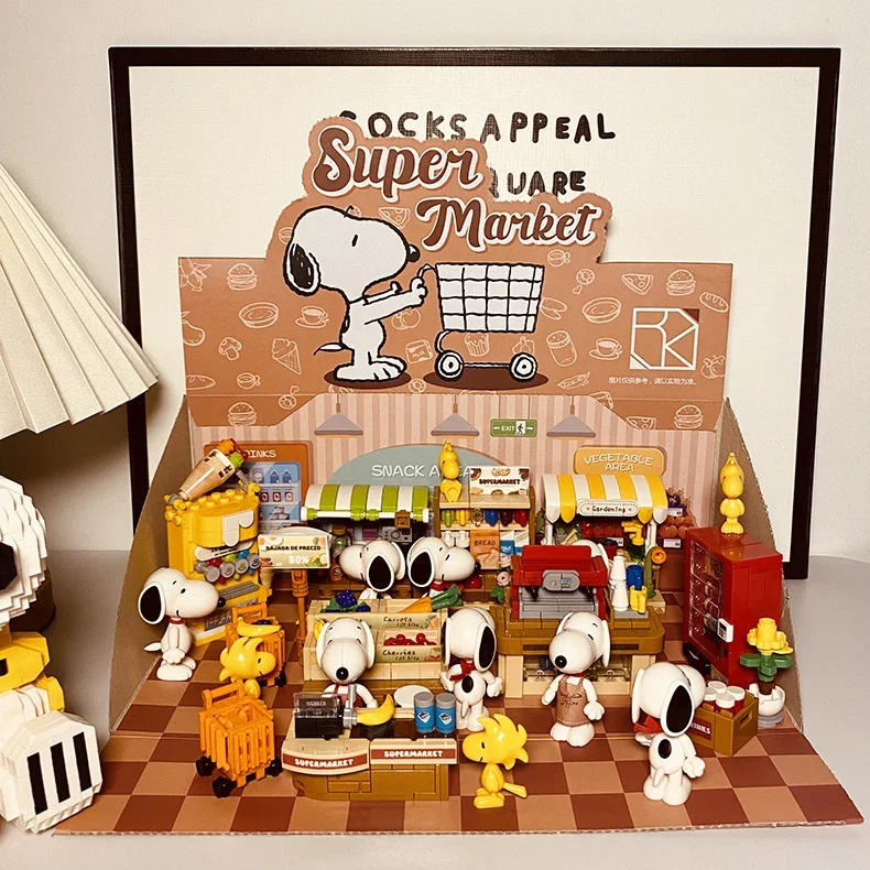 Snoopy Supermarket codzienne klocki montaż 8 sztuk/zestaw 3D Model pies Mini cegły rysunek Snoopy zabawki na prezenty świąteczne