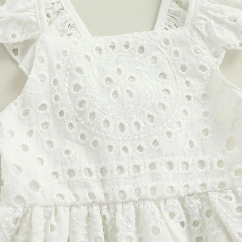 Newborn Baby\'s Clothes Girls Summer Dress Solid Color Lace Hollow-Out Square-Neck Flying Sleeve Children\'s Clothing Set 1-5Y