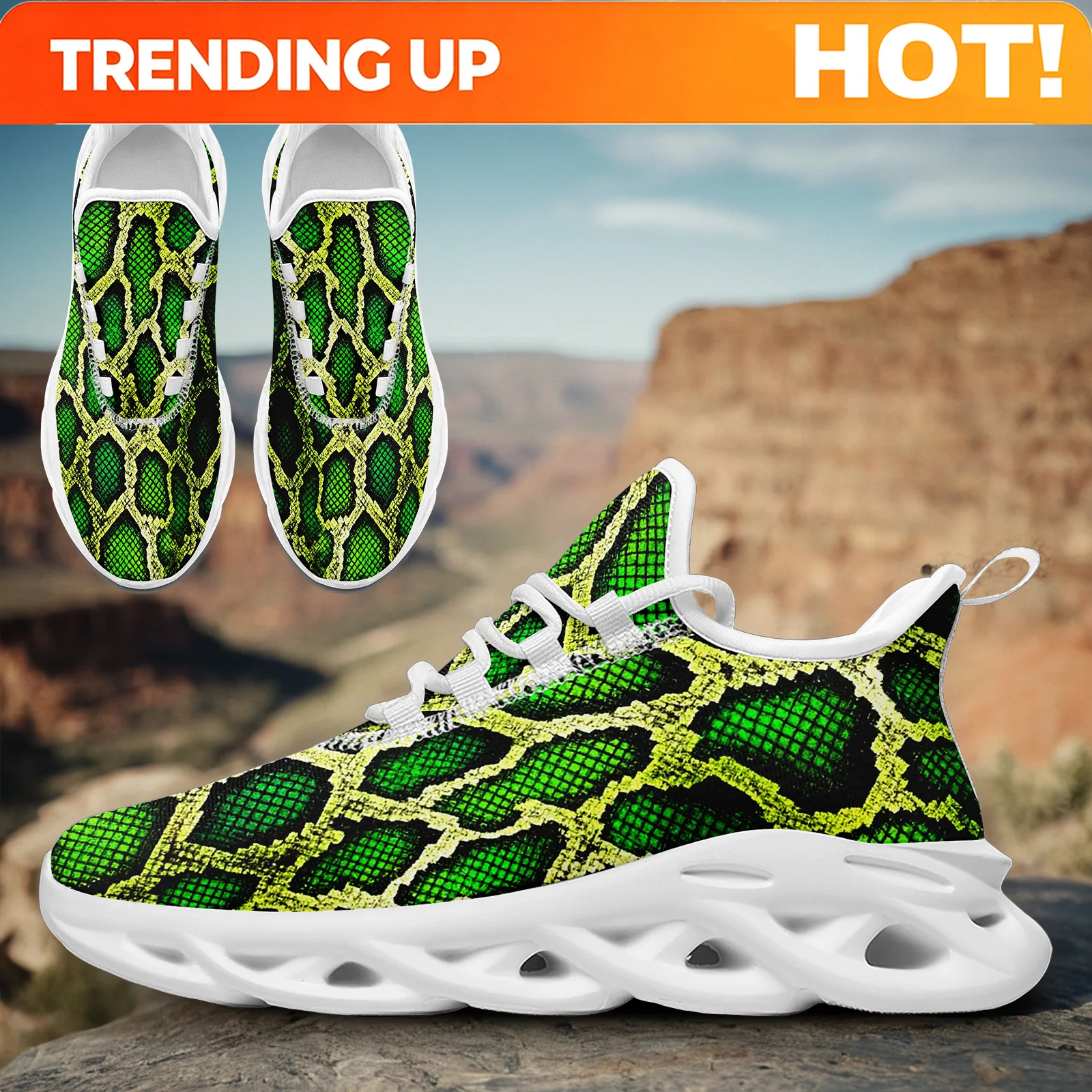 Customization Fashion Trend Casual Comfortable Men' Green & Yellow Snake Skin Printed Graphic Sneakers, Stylish PLUS SIZE