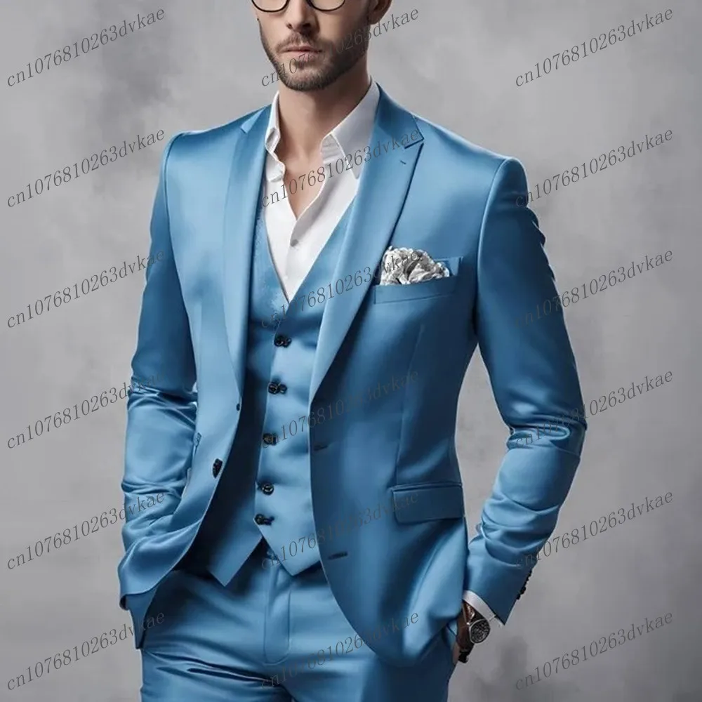 

Новый небесно-голубой ацетатный атласный мужской костюм для выпускного вечера, специальный деловой костюм для жениха, жениха, свадебные мужские смокинги, комплект из 2 предметов, блейзер, брюки
