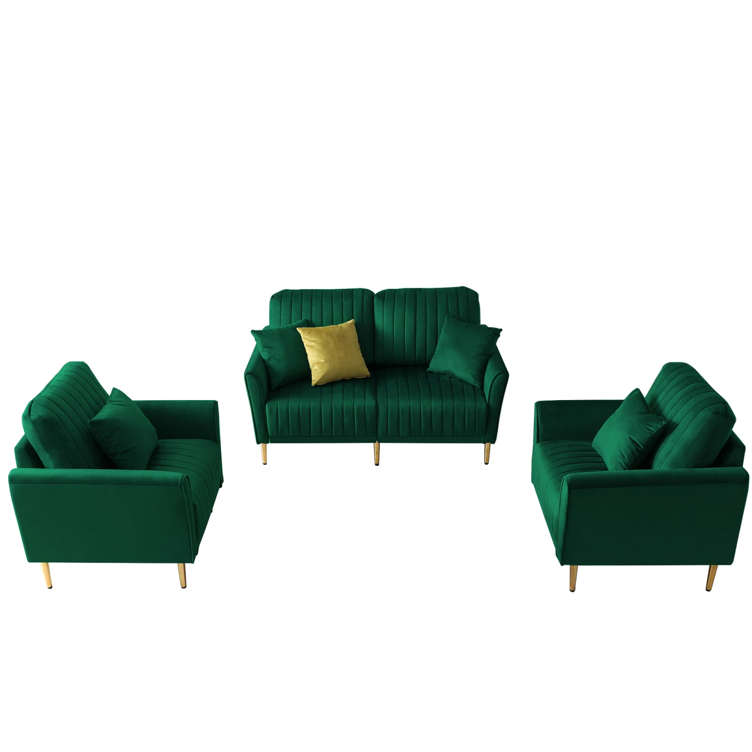 Green Velvet Sectional Sofa Set - Tufted Couch with Metal Legs (3-Piece)