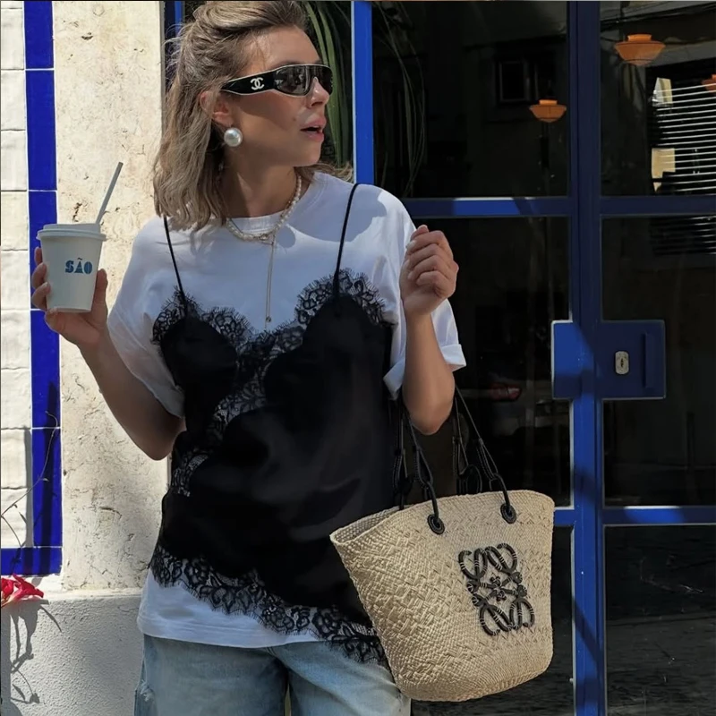 非対称レーストップ女性のコルセットノースリーブタンク & キャミソール夏のストリートスタイルキャミソールイエローブラックセクシーでエレガントなスリップドレス