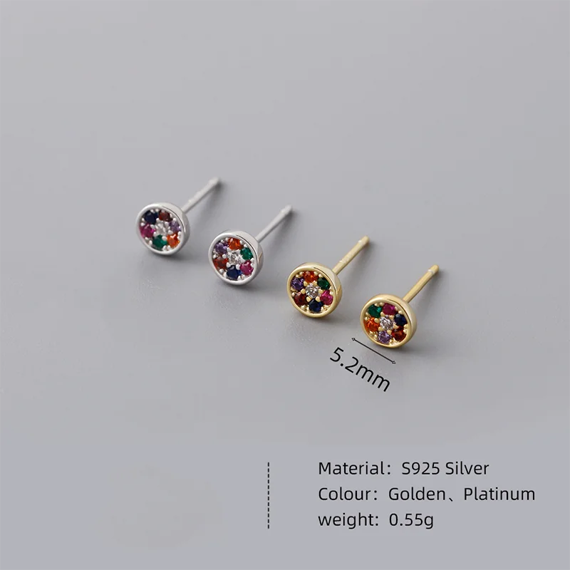WANTME 925 Sterling Silver Fashion Colorful Zircon Round Bohemian Stud Earrings for Women Cute Ear Bone Jewelry Accessories