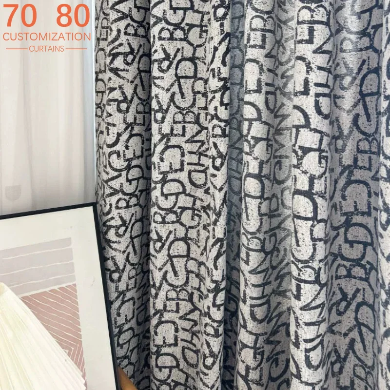Cotton Linen Retro Letters Black and White Jacquard Thickened Curtains for Living Room Bedroom French Window Balcony Customized