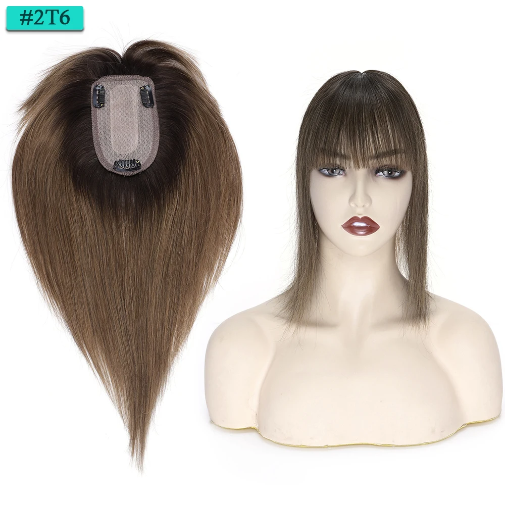 SEGO 7x13CM Echthaar-Topper mit Pony für Frauen, Seidenbasis, natürliche Haarteile, Perücken für Haarausfall, Volumenabdeckung, graues Haar – Detail 15